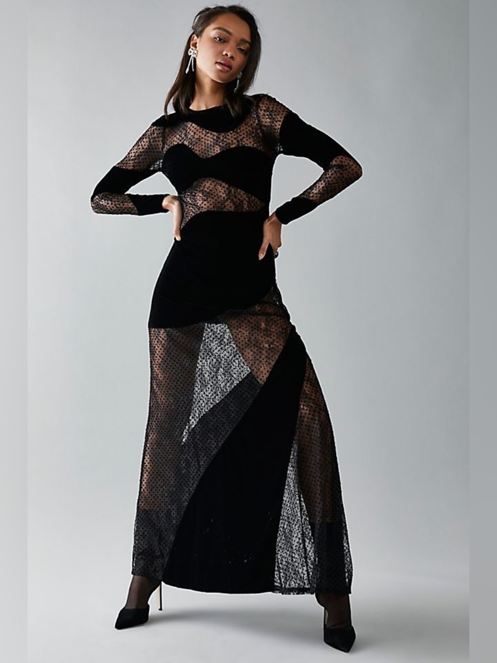 EXCELLENT FOR LOVE AND LEMONS CAROLYN SHEER PANEL MAXI DRESS, MEDIUM